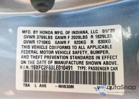 2020 Honda Civic Sport z USA, uszkodzony, nr VIN 19XFC2F88LE010491